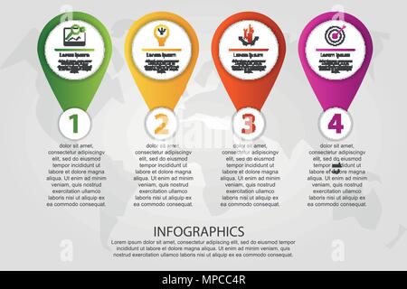 Moderne Vector Illustration 3d. Timeline Infografiken Vorlage mit vier Elementen, Schritte. Enthält Symbole und Text. Für Unternehmen entwickelt, Präsentationen Stock Vektor