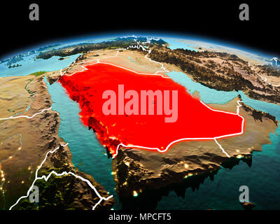 Morgen über Saudi-arabien in den rot markierten nach Modell des Planeten Erde im Weltraum mit sichtbaren Rand Linien und die Lichter der Stadt. 3D-Darstellung. Elemente o Stockfoto