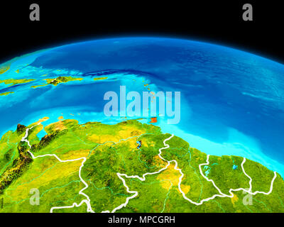 Satelliten Ansicht der Karibik in Rot hervorgehoben auf dem Planeten Erde mit Grenzen. 3D-Darstellung. Elemente dieses Bild von der NASA eingerichtet. Stockfoto