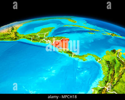Satellitenansicht von Nicaragua in Rot hervorgehoben auf dem Planeten Erde mit Grenzen. 3D-Darstellung. Elemente dieses Bild von der NASA eingerichtet. Stockfoto