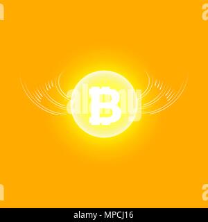 Bitcoin Cripto Währung blockchain. Bitcoin flachbild Logo auf orangem Hintergrund. Bitcoin mit Flügeln Stock Vektor