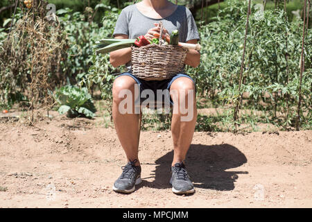 Nahaufnahme eines jungen kaukasischen Mann, Sitzen, Draußen, mit einem rustikalen Korb in seinem Schoß voller Gemüse frisch in einem organischen Orchard gesammelt Stockfoto