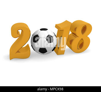 Golden 2018 mit einem Fußball auf einem weißen Hintergrund, 3D-Rendering Stockfoto