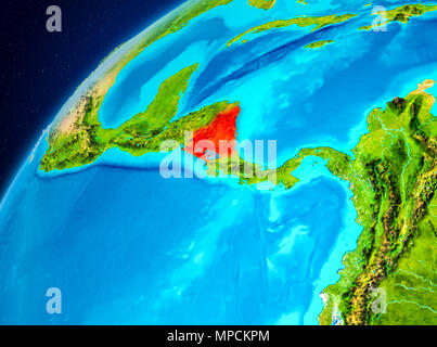 Orbit Ansicht von Nicaragua in Rot hervorgehoben auf dem Planeten Erde. 3D-Darstellung. Elemente dieses Bild von der NASA eingerichtet. Stockfoto