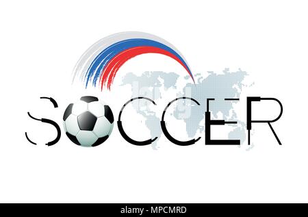 2018 Fußball-Hintergrund mit realistischen Fußball, gepunktete Weltkarte und abstrakte Russische Fahne. Vector Illustration. Stock Vektor