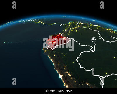 Platz orbit Ansicht von Ecuador in rot markiert auf dem Planeten Erde bei Nacht mit sichtbaren Grenzen und die Lichter der Stadt. 3D-Darstellung. Elemente der Thi Stockfoto