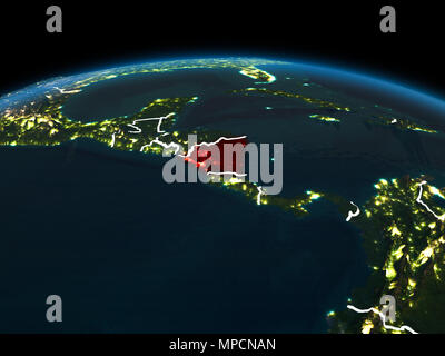 Platz orbit Ansicht von Nicaragua in Rot hervorgehoben auf dem Planeten Erde bei Nacht mit sichtbaren Grenzen und die Lichter der Stadt. 3D-Darstellung. Elemente der t Stockfoto