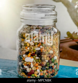 Bunte getrocknete Bohnen in einem jar. isoliert. Stock Bild. Stockfoto
