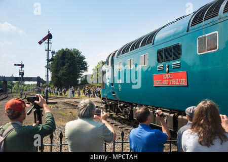 Frühjahr Diesel Gala an Severn Valley Railway, Kidderminster. Diesel zug Enthusiasten Masse um Royal Highland Fusilier, Fotos zu machen, wie es geht. Stockfoto