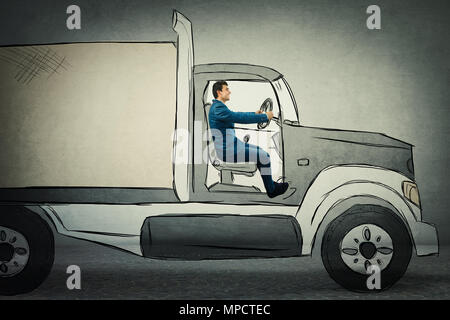 Profil Porträt eines lächelnden LKW-Fahrer und eine imaginäre Lkw auf grauen Hintergrund. Stockfoto