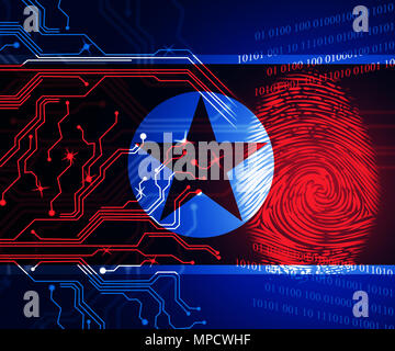 Cyber-angriffe Risiko von Nordkoreanern, 3D-Darstellung. Zeigt Bedrohung durch Nordkorea und Ransomware oder Online Cyberkriminalität Sicherheit Kriminalität gegen Web-Prot Stockfoto