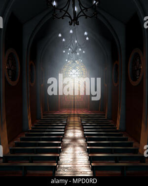 Eine dunkle Grand Innenraum der Kirche erleuchtet von Sonnenstrahlen dringen durch ein Glasfenster im Muster von einem Kruzifix - 3D-Rendering Stockfoto