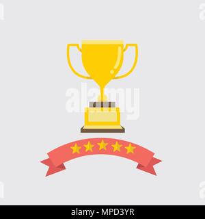 Flache gold Trophäe mit Schleife und fünf Sterne Vector Illustration. Award und Erfolg Konzept. Goldene Schale für Sieger. Stock Vektor