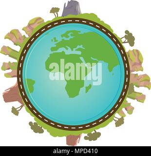 Flache Planet mit der Natur Landschaft um sie herum. Vector Illustration für Web Banner, Web und Mobile, Infografiken. Stock Vektor