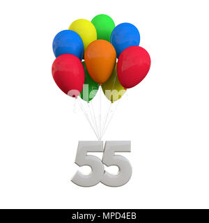 Nummer 55 Party Feier. Anzahl zu einem Bündel Luftballons befestigt. 3D-Rendering Stockfoto