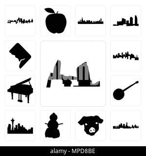 Satz von 13 Einfache editierbare Ikonen wie Long Island, Kansas City Skyline, Schwein Gesicht, Schneemann, Seattle Skyline auf weißem Hintergrund,, Banjo, Grand Piano Stock Vektor