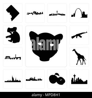 Satz von 13 Einfache editierbare Ikonen wie Jaguar Gesicht, Seattle Skyline auf weißem Hintergrund, Apple, Kansas City Skyline, Dubai Giraffe, dc-ak47, Koala Stock Vektor