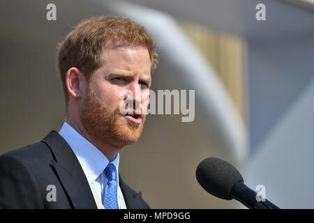 Der Herzog von Sussex spricht während einer Gartenparty am Buckingham Palace in London, die er sich als seine erste royal Engagement nach seiner Heirat mit der Herzogin von Sussex. Stockfoto