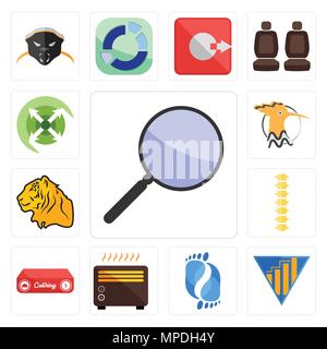 Satz von 13 Einfache editierbare Ikonen wie Focus Group, Ertrag, Podologie, Heizelement, Catering, Wirbelsäule, Tiger, Wiedehopf, verlängern können für mobile verwendet werden, die Web-UI Stock Vektor