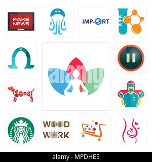 Satz von 13 Einfache editierbare Ikonen wie Chakra, Schwangerschaft, Supermarkt, Holzarbeiten, Starbucks, Chirurg, Jahr des Hundes, Pause, Hufeisen können f verwendet werden. Stock Vektor
