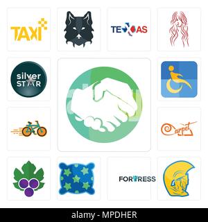 Satz von 13 Einfache editierbare Ikonen wie Hände schütteln, Krieger, Kopf, Festung, Kissen, Weinblätter, Teppich, Bike Shop, Behinderung, Silver Star werden kann Stock Vektor