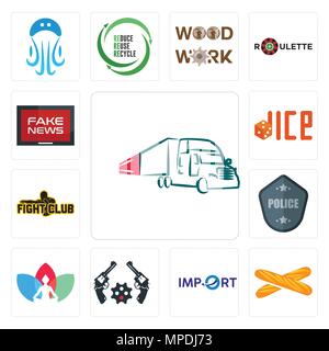 Satz von 13 Einfache editierbare Symbole wie Lkw-Unternehmen, Baguette, Import, Revolver, Chakra, Polizei Abzeichen, fight club, Würfel, gefälschte Nachrichten können für m verwendet werden. Stock Vektor