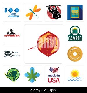 Satz von 13 Einfache editierbare Ikonen wie Sparta, Rising Sun, in den usa, medizinisches Marihuana, Rhino, Bagel, Fahrrad Kette, Camper, die Gangster können verwendet werden für Stock Vektor