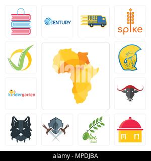 Satz von 13 Einfache editierbare Ikonen wie Afrika Karte, hausgemachte Speisen, Olive Branch, Schild und Schwert, Wolf Gesicht, Kopf, Kindergarten, Krieger, Häkchen Stock Vektor