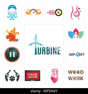Satz von 13 Einfache editierbare Ikonen wie Turbine, Holzarbeiten, Salon, gefälschte Nachrichten, Revolver, Import, Pause, Chakra, gebratenes Huhn für mobile verwendet werden, wir Stock Vektor
