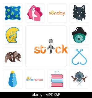 Satz von 13 Einfache editierbare Ikonen wie Strichmännchen, Schild und Schwert, Buch Shop, Kindergarten, Schneemann, Angeln, Haken, Grizzly bear, Überwachungskamera, Stock Vektor