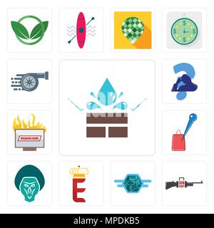 Satz von 13 Einfache editierbare Ikonen wie Wasserdicht, Gun Shop, Semi Truck, e Krone, Pavian, Händlersuche, Nachrichten, kratzen Kopf, Turbo c Stock Vektor