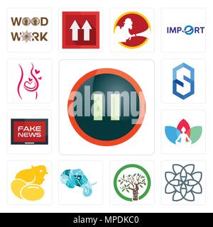 Satz von 13 Einfache editierbare Symbole wie Pause, keltischer Knoten, Olivenbaum, Elephant Head, Küken, Chakra, gefälschte Nachrichten, s Sechskant, Schwangerschaft kann verwendet werden für Stock Vektor