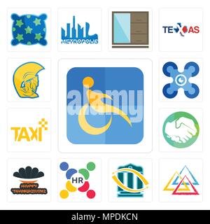 Satz von 13 Einfache editierbare Symbole wie Behinderung, drei Dreieck, Überweisung, Human Resources, Happy Thanksgiving, Hände schütteln, Taxi, Drohnen, w Stock Vektor