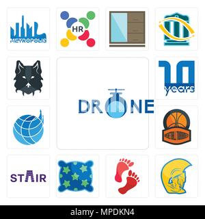 Satz von 13 Einfache editierbare Ikonen wie, Krieger, Kopf, Fuß drucken, Kissen, Treppe, Basketball Turnier, Logistikunternehmen, 10 Jahr, Wolf konfrontiert werden können. Stock Vektor