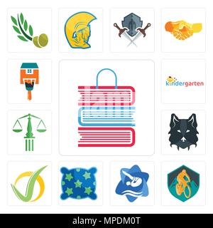 Satz von 13 Einfache editierbare Ikonen wie Book Shop, Mountainbike, Schwimmen und Tauchen, Kissen, Haken, Wolf Gesicht, Waage der Gerechtigkeit, Kindergarten Home p Stock Vektor