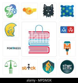 Satz von 13 Einfache editierbare Ikonen wie Book Shop, Silver Star, Mountainbike, Strichmännchen, Waage der Gerechtigkeit, zu Hause malen, Festung, Restroom, warrio Stock Vektor