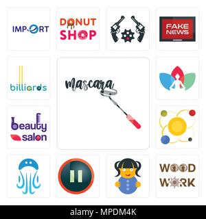 Satz von 13 Einfache editierbare Ikonen wie Mascara, Holzarbeiten, Puppe, Pause, Quallen, Sonnensystem, Beauty Salon, Chakra, Billard können für mobil verwendet werden. Stock Vektor