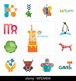 Satz von 13 Einfache editierbare Ikonen wie der erste Geburtstag, Hammer, Chirurg, Metzgerei, Apotheke, Jahr des Hundes, Kohl, Pinguin, Jungfrau kann verwendet Fo. Stock Vektor