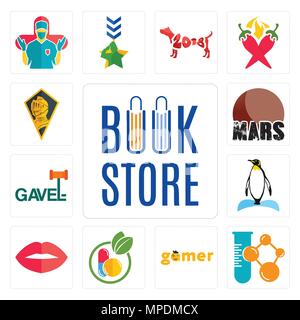 Satz von 13 Einfache editierbare Ikonen wie Book Store, Chemical Company, Gamer, Homöopathie, Lippen, Pinguin, Hammer, Mars, Ritter Kopf kann für mobil verwendet werden. Stock Vektor