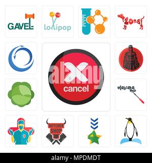 Satz von 13 Einfache editierbare Ikonen wie abbrechen, Penguin, Militär, Metzgerei, Chirurg, Mascara, Kohl, spartanisch, Import Export kann für mob verwendet werden. Stock Vektor