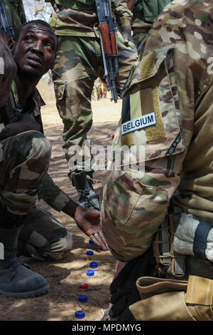 Eine belgische Special Operations Forces Soldat erklärt eine taktische Bewegung Technik zu Niger Armee Soldaten während Flintlock 2017 Diffa, Niger, 28.02.2017. Belgische SOF häufig verwendete Elemente gefunden für die meisten Veranstaltungen den Wert der Einfallsreichtum in einem strengen Umwelt zu stärken. (U.S. Armee Foto von Sgt. 1. Klasse Christopher Klutts/freigegeben) Stockfoto