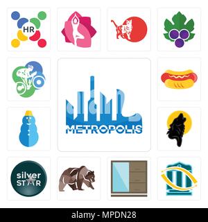 Satz von 13 Einfache editierbare Symbole wie Metropolis, Überweisung, Kleiderschrank, Grizzlybären, Silver Star, schwarzer Wolf, Schneemann, Hot Dog, Radfahrer kann u Stock Vektor
