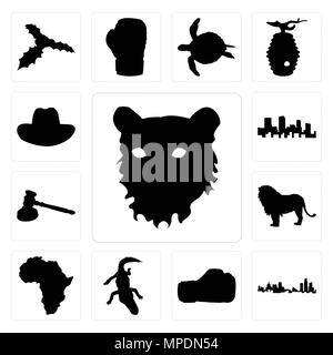 Satz von 13 Einfache editierbare Ikonen wie Tiger Gesicht Umrisse auf weißem Hintergrund, Michigan State Boxhandschuh Hintergrund für mobile verwendet werden können, Web-UI Stock Vektor