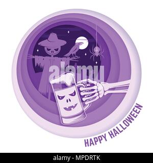 Happy Halloween. Paper Art carving Stil Design für Halloween Overlay, Etiketten, t-shirt, Logo, Print, Dichtung. Vogelscheuche mit Raven und Skelett hand mit g Stock Vektor