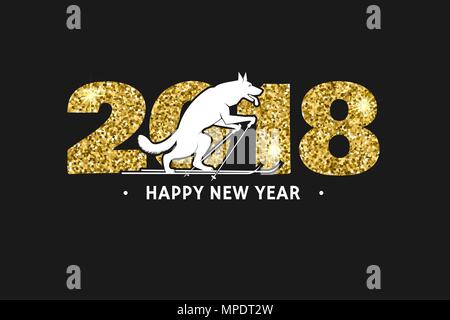 2018 Frohes Neues Jahr Grußkarte. Für Banner, Poster, Plakat, Broschüre oder Flyer Vorlage. Design mit 2018 Text und Skifahren Hund. Vector Illustration. Jahr der Stock Vektor