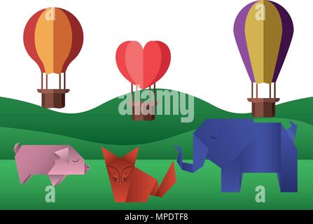 Landschaft mit Ballons Luft warm fliegen und Tiere Vector Illustration Design Stock Vektor
