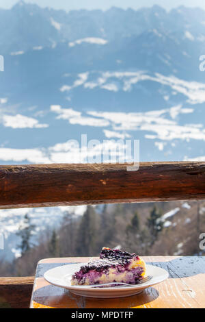 Heidelbeerkuchen im Freien in den Alpen Stockfoto