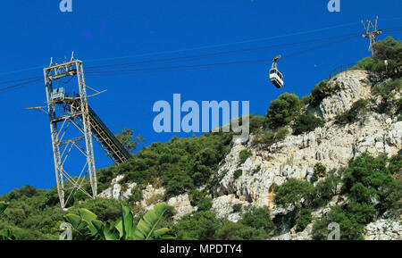 Gibraltar Seilbahn hinauf in die Spitze des Felsens Stockfoto