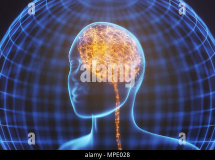 3D-Darstellung. X-ray des Kopfes und des menschlichen Gehirns im Konzept der neuronalen Verbindungen und elektrische Impulse. Funkelt im Inneren des Gehirns. Leistungsstarke verstand. Stockfoto