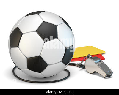 Fußball-Konzept gelbe und rote Karten, Pfeifen und Fußball 3D Rendering Illustration auf weißem Hintergrund Stockfoto